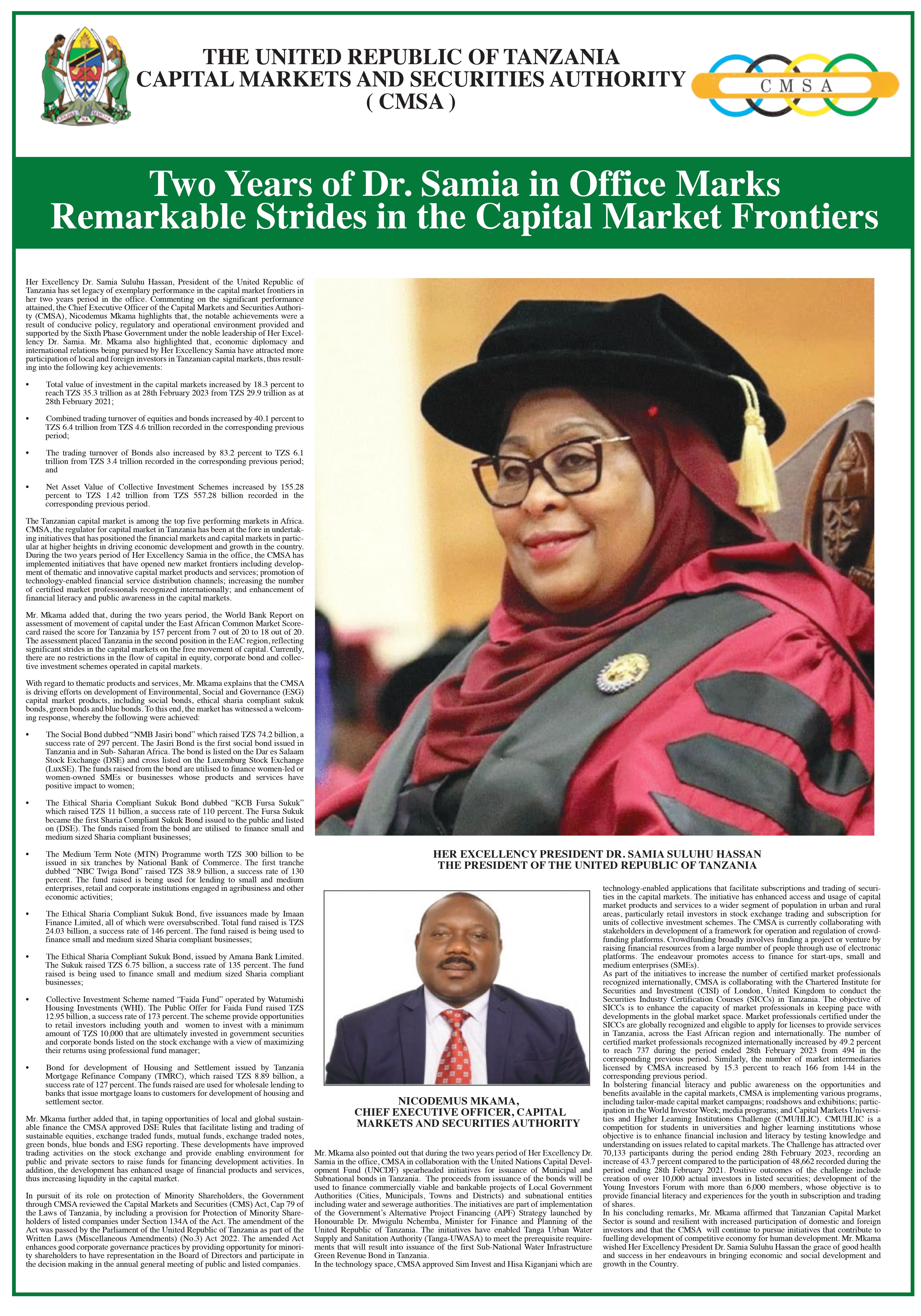 Two Years of Dr. Samia in Office Marks Remarkable Strides in the Capital Market Frontiers